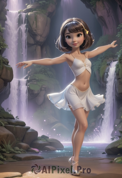 1girl,solo,breasts,looking at viewer,smile,short hair,bangs,skirt,brown hair,hair ornament,navel,bare shoulders,brown eyes,standing,full body,hairband,small breasts,outdoors,parted lips,midriff,artist name,miniskirt,armpits,water,high heels,dark-skinned female,lips,see-through,white skirt,outstretched arms,rock,star hair ornament,spread arms,waterfall,collarbone,shoes,bare arms,bare legs,watermark,white footwear,tiptoes