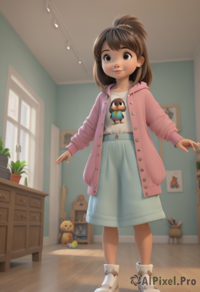 1girl,solo,long hair,looking at viewer,smile,bangs,skirt,brown hair,shirt,long sleeves,brown eyes,closed mouth,standing,jacket,full body,white shirt,boots,open clothes,shoes,indoors,hood,medium hair,open jacket,lips,blue skirt,window,hoodie,buttons,stuffed toy,white footwear,cardigan,hood down,plant,child,wooden floor,female child,potted plant,pink jacket,open cardigan,shelf,pink cardigan,picture (object),pink hoodie,blush,short hair,ponytail,socks,blurry,stuffed animal,high ponytail,long skirt