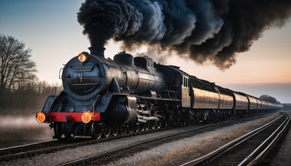 outdoors,sky,day,cloud,tree,military,no humans,ground vehicle,motor vehicle,smoke,cannon,military vehicle,explosion,tank,vehicle focus,caterpillar tracks,world war ii,evening,train,railroad tracks