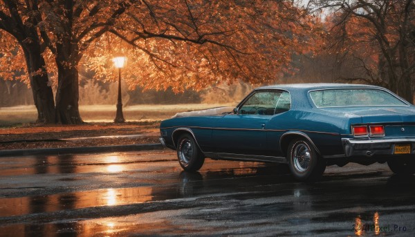 outdoors,water,tree,no humans,ground vehicle,nature,scenery,motor vehicle,forest,reflection,realistic,car,road,autumn leaves,vehicle focus,lamppost,autumn,sports car,evening