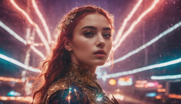 1girl,solo,long hair,looking at viewer,brown hair,hair ornament,jewelry,green eyes,upper body,red hair,parted lips,necklace,armor,blurry,lips,eyelashes,makeup,depth of field,blurry background,gem,portrait,freckles,realistic,nose,red lips,blue eyes,from side,backlighting