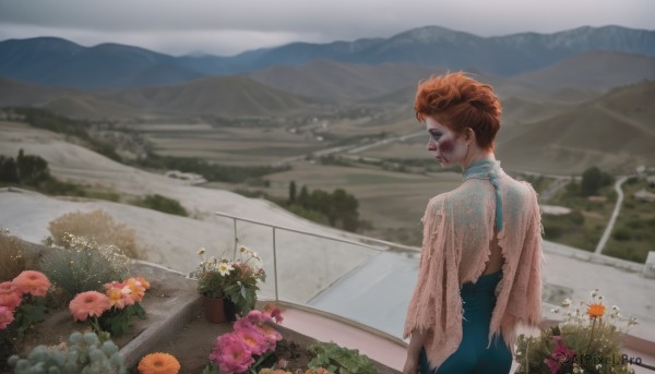 1girl,solo,short hair,blue eyes,dress,braid,flower,red hair,outdoors,sky,from behind,orange hair,blurry,profile,blue dress,plant,scenery,freckles,mountain,realistic,road,landscape,day,looking back,torn clothes,back,white flower,injury,backless outfit