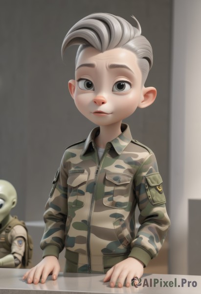 solo,looking at viewer,1boy,closed mouth,jacket,grey hair,male focus,multicolored hair,multiple boys,solo focus,indoors,blurry,uniform,black eyes,grey eyes,military,military uniform,blurry background,child,pocket,male child,camouflage,soldier,patch,camouflage jacket,smile,long sleeves,upper body,zipper,mohawk