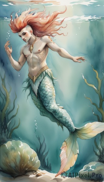 solo,long hair,smile,1boy,navel,jewelry,nipples,full body,male focus,red hair,necklace,orange hair,tattoo,muscular,floating hair,abs,pectorals,fish,bubble,topless male,rock,underwater,scales,air bubble,monster boy,fins,submerged,coral,blush,earrings,artist name,colored skin,toned,mermaid,head fins,toned male,shell,turtle,seaweed