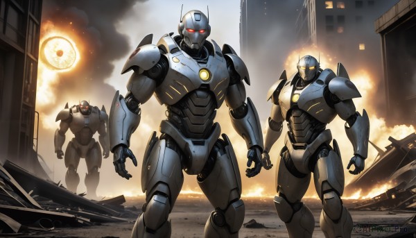 HQ,red eyes,standing,multiple boys,armor,military,no humans,glowing,fire,robot,building,mecha,glowing eyes,smoke,science fiction,city,realistic,military vehicle,explosion,ruins,damaged,power armor,debris,dust,destruction,sky,cloud,aircraft,battle,dirty,super robot,redesign,arm blade,kaijuu