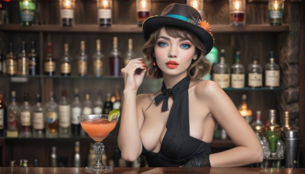 1girl,solo,breasts,looking at viewer,short hair,bangs,blue eyes,large breasts,brown hair,gloves,hat,dress,ribbon,cleavage,bare shoulders,jewelry,medium breasts,upper body,flower,earrings,parted lips,food,sleeveless,indoors,nail polish,mole,blurry,black dress,cup,lips,black headwear,makeup,fruit,sleeveless dress,depth of field,blurry background,halterneck,watermark,bottle,lipstick,red nails,alcohol,drinking glass,realistic,hat flower,red lips,glass,eyeliner,wine glass,halter dress,wine bottle,mascara,bar (place),counter,cocktail glass,cocktail,whiskey,artist name,cherry,orange (fruit)