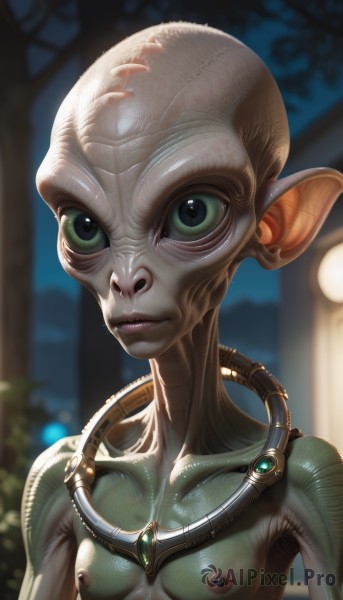 1girl,solo,breasts,looking at viewer,nipples,green eyes,collarbone,upper body,small breasts,pointy ears,blurry,lips,blurry background,colored skin,monster girl,science fiction,veins,realistic,bald,green skin,alien,1boy,male focus,nude,genderswap,cable,ribs