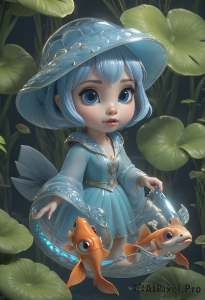 1girl,solo,looking at viewer,short hair,bangs,blue eyes,long sleeves,hat,dress,blue hair,parted lips,artist name,wide sleeves,water,nail polish,lips,see-through,eyelashes,witch hat,blue dress,animal,leaf,watermark,plant,monster girl,child,web address,blue headwear,freckles,fish,minigirl,female child,lily pad,chibi,makeup,nose,mermaid