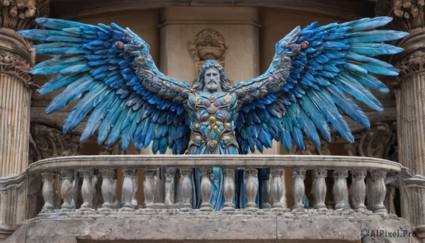 solo,looking at viewer,1boy,standing,male focus,wings,indoors,outstretched arms,gem,feathered wings,stairs,blue skin,spread arms,pillar,statue,blue wings,multiple wings,multicolored wings,column,long hair,armor,no humans,colored skin,feathers,angel wings,spread wings,blue feathers