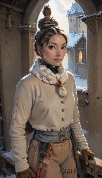 1girl,solo,long hair,looking at viewer,blush,smile,brown hair,black hair,gloves,long sleeves,brown eyes,jewelry,standing,cowboy shot,earrings,outdoors,day,belt,pants,hair bun,scarf,lips,coat,buttons,single hair bun,building,snow,forehead,brown gloves,white scarf,winter clothes,architecture,brown pants,winter,leather gloves,black eyes,freckles,realistic,nose