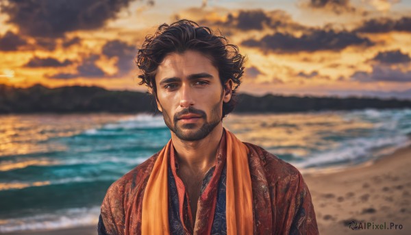 solo,looking at viewer,black hair,1boy,brown eyes,upper body,male focus,outdoors,sky,cloud,water,blurry,black eyes,depth of field,blurry background,facial hair,ocean,beach,cloudy sky,beard,curly hair,sunset,realistic,mustache,sand,afro,short hair,brown hair,shirt,closed mouth,day,lips,sunlight,thick eyebrows,towel,messy hair,horizon,shore,hawaiian shirt