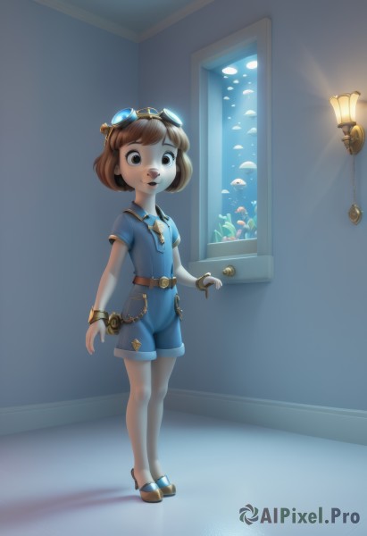 1girl,solo,looking at viewer,smile,short hair,open mouth,bangs,brown hair,shirt,brown eyes,jewelry,standing,full body,short sleeves,shorts,belt,indoors,necklace,black eyes,bracelet,chain,sandals,blue shirt,goggles,child,fish,blue shorts,goggles on head,door,female child,overalls,key,aquarium,small breasts,parted lips,necktie,shoes,teeth,artist name,window,plant,underwater,light,buck teeth