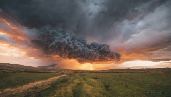 outdoors,sky,cloud,no humans,sunlight,cloudy sky,grass,scenery,sunset,mountain,sun,horizon,field,landscape,hill,nature,smoke