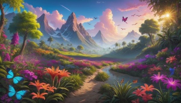 A dynamic view of a butterfly in sunset outdoors