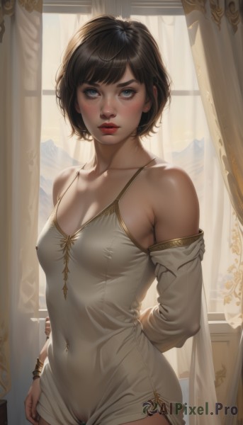 1girl,solo,breasts,looking at viewer,blush,short hair,bangs,blue eyes,brown hair,black hair,dress,cleavage,bare shoulders,jewelry,medium breasts,standing,collarbone,cowboy shot,parted lips,detached sleeves,pussy,artist name,indoors,white dress,bracelet,covered nipples,lips,see-through,pubic hair,window,no bra,covered navel,makeup,no panties,female pubic hair,short dress,lipstick,curtains,backlighting,freckles,arm behind back,arm at side,realistic,nose,red lips,closed mouth,earrings,small breasts,day,nail polish,arms behind back,piercing,nipple piercing,navel piercing,mascara