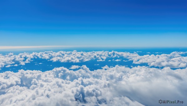 monochrome,outdoors,sky,day,cloud,blue sky,no humans,ocean,cloudy sky,scenery,blue theme,horizon,landscape,above clouds,water