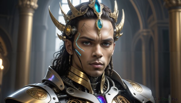 HQ,solo,long hair,looking at viewer,black hair,1boy,jewelry,closed mouth,upper body,male focus,earrings,indoors,dark skin,armor,mole,blurry,black eyes,lips,grey eyes,mole under eye,blurry background,headgear,dark-skinned male,crown,shoulder armor,gem,portrait,curly hair,pauldrons,realistic,headpiece,nose,forehead jewel,cyborg,gold,dreadlocks,1girl,hair ornament,horns,dark-skinned female,pillar