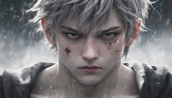 solo,looking at viewer,short hair,bangs,1boy,hair between eyes,brown eyes,closed mouth,collarbone,jacket,white hair,grey hair,male focus,outdoors,hood,mole,blurry,lips,wet,fur trim,mole under eye,blood,messy hair,portrait,snow,close-up,rain,injury,blood on face,snowing,realistic,straight-on,blurry background,wind,serious,cuts