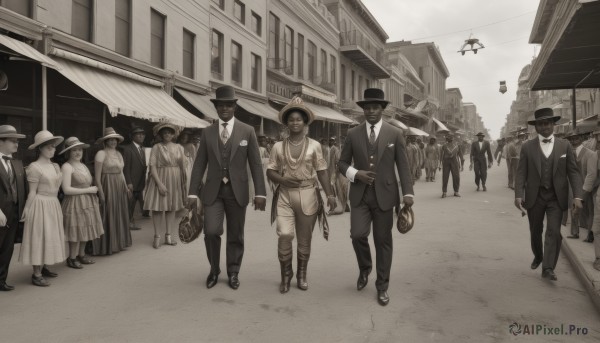 looking at viewer,multiple girls,shirt,long sleeves,hat,dress,bow,holding,standing,jacket,monochrome,greyscale,outdoors,multiple boys,necktie,glasses,collared shirt,pants,dark skin,bowtie,bag,vest,black jacket,mask,facial hair,formal,sandals,helmet,suit,building,black necktie,walking,6+boys,top hat,handbag,city,aircraft,road,holding bag,old,sepia,street,fedora,cane,crowd,suitcase,briefcase,gloves,boots,white gloves,6+girls,multiple others