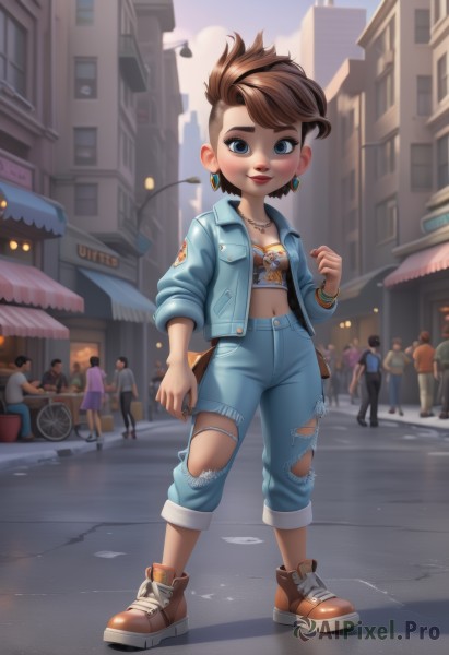 1girl,breasts,looking at viewer,smile,short hair,blue eyes,multiple girls,brown hair,navel,cleavage,jewelry,standing,jacket,full body,earrings,small breasts,outdoors,multiple boys,open clothes,shoes,solo focus,day,midriff,pants,artist name,necklace,bag,bracelet,open jacket,lips,crop top,torn clothes,makeup,brown footwear,denim,lipstick,blue jacket,ground vehicle,building,sneakers,child,motor vehicle,cropped jacket,jeans,city,red lips,female child,car,stud earrings,road,tube top,male child,lamppost,street,crowd,torn pants,people,torn jeans,denim jacket,solo,blush,long sleeves,heart,strapless,thick eyebrows,sleeves rolled up,6+boys,tomboy,mohawk