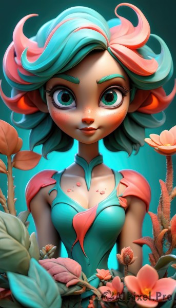 1girl,solo,breasts,looking at viewer,smile,short hair,bangs,dress,cleavage,medium breasts,closed mouth,green eyes,blue hair,collarbone,upper body,pink hair,flower,red hair,multicolored hair,small breasts,green hair,artist name,armor,two-tone hair,aqua eyes,lips,streaked hair,gradient,petals,gradient background,eyelashes,aqua hair,makeup,leaf,watermark,blue background,thick eyebrows,plant,lipstick,pink flower,eyeshadow,freckles,nose,arms at sides,vines,straight-on,mascara,blue eyes,web address,aqua dress