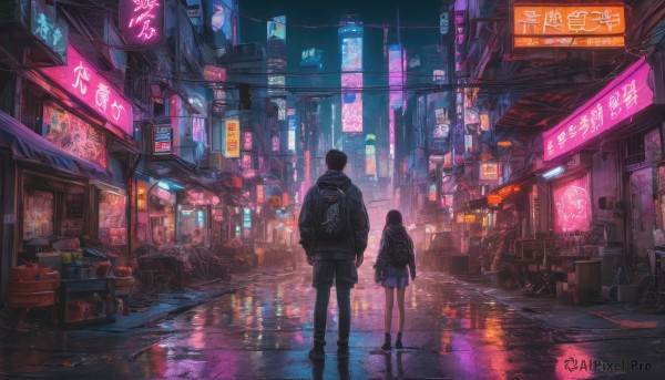 1girl, short hair, skirt, black hair, 1boy, standing, jacket, boots, outdoors, hood, bag, from behind, black footwear, night, building, scenery, reflection, science fiction, city, sign, facing away, road, cityscape, street, city lights, cyberpunk, neon lights, vanishing point