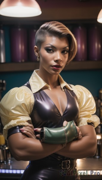 1girl,solo,breasts,looking at viewer,short hair,brown hair,shirt,gloves,cleavage,brown eyes,jewelry,medium breasts,collarbone,upper body,short sleeves,earrings,parted lips,puffy sleeves,belt,dark skin,fingerless gloves,nail polish,blurry,vest,dark-skinned female,puffy short sleeves,lips,fingernails,makeup,crossed arms,lipstick,red nails,eyeshadow,realistic,nose,eyeliner,very short hair,bar (place),muscular,asymmetrical hair,undercut