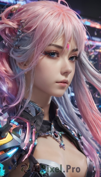 1girl,solo,long hair,breasts,looking at viewer,bangs,blue eyes,hair ornament,cleavage,jewelry,medium breasts,closed mouth,upper body,pink hair,multicolored hair,artist name,necklace,armor,blurry,lips,eyelashes,makeup,blurry background,gem,portrait,eyeshadow,realistic,nose,eyeliner,forehead jewel,mascara,parted lips,gradient hair,science fiction