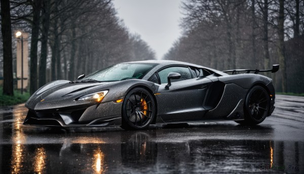 A motor vehicle amidst a idyllic rainy outdoors