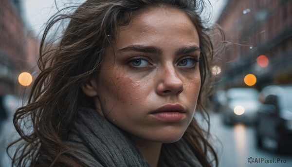 1girl, solo, long hair, brown hair, outdoors, scarf, blurry, lips, depth of field, blurry background, portrait, freckles, realistic, nose