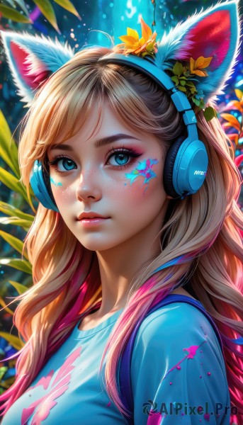 1girl,solo,long hair,breasts,looking at viewer,bangs,blue eyes,blonde hair,shirt,hair ornament,animal ears,medium breasts,closed mouth,upper body,pink hair,flower,short sleeves,multicolored hair,shiny,artist name,cat ears,signature,hair flower,star (symbol),blurry,from side,two-tone hair,lips,fox ears,eyelashes,gradient hair,makeup,fake animal ears,swept bangs,headphones,leaf,watermark,facial mark,blue shirt,plant,lipstick,t-shirt,portrait,web address,eyeshadow,freckles,pink lips,realistic,yellow flower,nose,red lips,eyeliner,whisker markings,facepaint,mascara,paint splatter,animal ear headphones,paint,cat ear headphones,brown hair,parted lips,rabbit ears,streaked hair,wavy hair,animal print,print shirt