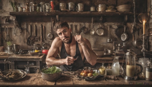 solo,short hair,brown hair,black hair,1boy,holding,bare shoulders,jewelry,male focus,earrings,food,sleeveless,indoors,cup,muscular,fruit,facial hair,scar,eating,table,tank top,bottle,knife,beard,scar on face,plate,drinking glass,bowl,realistic,spoon,mustache,fork,basket,candle,manly,cooking,holding spoon,kitchen,jar,counter,wooden table,hook,looking at viewer,bandages,bread,black tank top,ladle,frying pan,spatula,potato,onion