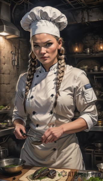 1girl,solo,long hair,looking at viewer,brown hair,hat,holding,brown eyes,jewelry,braid,earrings,food,indoors,black eyes,twin braids,lips,buttons,white headwear,knife,hair over shoulder,plate,sleeves rolled up,bowl,realistic,fork,holding knife,dirty,chef hat,dirty face,chef,soup,breasts,blonde hair,long sleeves,twintails,medium breasts,closed mouth,standing,jacket,upper body,apron,piercing,white jacket,thick eyebrows,ear piercing,freckles,nose,double-breasted,wall,cooking,meat,kitchen,vegetable,stone wall,onion,steak