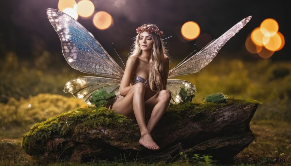 1girl,solo,long hair,breasts,blonde hair,hair ornament,cleavage,medium breasts,sitting,flower,nude,wings,barefoot,hair flower,blurry,lips,grass,nature,realistic,anklet,fairy wings,fairy,head wreath,butterfly wings,blue eyes,feet,bare legs,depth of field,fantasy,hair censor,hair over breasts,bokeh