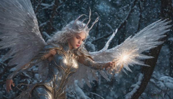 1girl,solo,long hair,breasts,medium breasts,closed mouth,closed eyes,white hair,outdoors,detached sleeves,wings,armor,blurry,tree,lips,night,blurry background,shoulder armor,feathered wings,snow,pauldrons,angel wings,breastplate,snowing,white wings,magic,winter,fireworks,sparkler,looking at viewer,animal ears,horns,grey eyes,wavy hair,nature,forest,curly hair,realistic,fantasy,antlers,bare tree