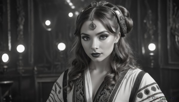 1girl,solo,long hair,looking at viewer,bangs,hair ornament,jewelry,closed mouth,monochrome,upper body,greyscale,earrings,hair bun,blurry,lips,eyelashes,makeup,blurry background,lipstick,portrait,curly hair,realistic,nose,cleavage,collarbone,parted lips,indoors,depth of field,gem,freckles,forehead jewel