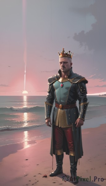 solo,looking at viewer,long sleeves,1boy,jewelry,closed mouth,standing,full body,male focus,boots,outdoors,sky,belt,pants,cloud,dark skin,water,necklace,black footwear,armor,coat,facial hair,bird,ocean,beach,dark-skinned male,crown,shoulder armor,gauntlets,gem,clenched hands,pauldrons,sunset,black coat,breastplate,sand,arms at sides,sun,horizon,vambraces,bald,brown pants,red pants,shore,footprints,chainmail,short hair,blonde hair,black hair,mature male,mustache,wrinkled skin