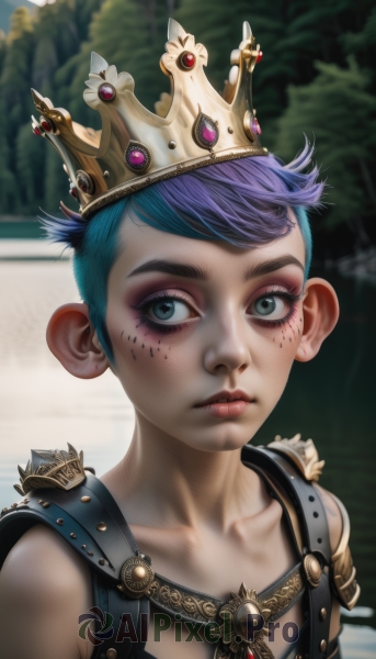 1girl,solo,looking at viewer,short hair,blue eyes,bare shoulders,jewelry,closed mouth,blue hair,collarbone,upper body,purple hair,multicolored hair,outdoors,day,artist name,armor,blurry,two-tone hair,tree,lips,grey eyes,eyelashes,makeup,blurry background,facial mark,crown,gem,portrait,androgynous,eyeshadow,freckles,realistic,nose,eyeliner,very short hair,strap,mascara,1boy,green eyes,male focus,child