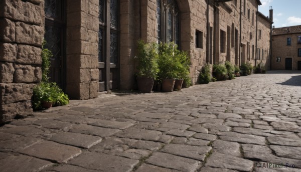 outdoors,sky,day,cloud,tree,blue sky,no humans,window,shadow,plant,building,scenery,door,potted plant,road,bush,wall,house,brick wall,street,pavement,cloudy sky,stone floor