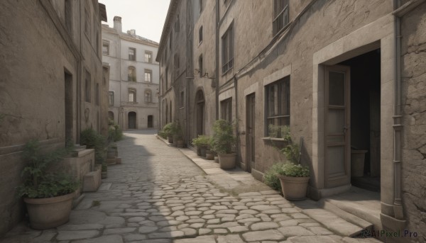 outdoors,day,no humans,window,shadow,plant,building,scenery,stairs,door,potted plant,road,wall,house,street,flower pot,alley,pavement,sky,town