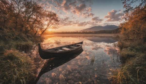 outdoors,sky,day,cloud,water,tree,no humans,leaf,sunlight,cloudy sky,grass,nature,scenery,reflection,sunset,mountain,sun,horizon,watercraft,bridge,river,boat,landscape,lake,1girl,solo,long hair,standing,white hair,bird,ocean,forest