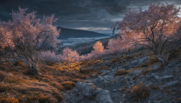 outdoors,sky,day,cloud,tree,no humans,cloudy sky,grass,cherry blossoms,nature,scenery,forest,rock,mountain,river,landscape,mountainous horizon,water,night,dark,bare tree