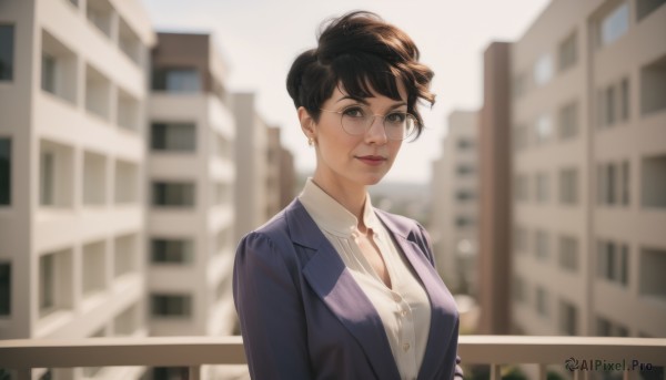 1girl,solo,breasts,looking at viewer,smile,short hair,brown hair,shirt,black hair,cleavage,brown eyes,jewelry,medium breasts,closed mouth,jacket,white shirt,upper body,earrings,outdoors,glasses,day,collared shirt,necklace,hair bun,bra,blurry,black eyes,lips,dress shirt,buttons,depth of field,blurry background,formal,single hair bun,blazer,suit,blue jacket,building,city,realistic,round eyewear,railing,unbuttoned,office lady,button gap,bra peek,bangs,large breasts,makeup,nose,purple jacket