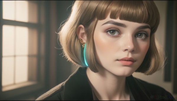 1girl,solo,looking at viewer,short hair,bangs,blonde hair,brown hair,brown eyes,jewelry,closed mouth,earrings,indoors,blunt bangs,blurry,lips,eyelashes,window,makeup,depth of field,blurry background,bob cut,portrait,freckles,realistic,nose,red lips,jacket,glowing,sunlight,thick eyebrows,close-up