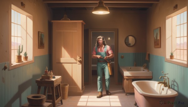 solo,long hair,smile,brown hair,shirt,gloves,1boy,holding,standing,flower,male focus,boots,day,collared shirt,belt,pants,indoors,apron,window,muscular,shadow,facial hair,brown footwear,table,sunlight,plant,muscular male,beard,sleeves rolled up,mature male,door,tiles,potted plant,lamp,overalls,bathroom,bathtub,green pants,kitchen,flower pot,sink,counter,faucet,black hair,jewelry,shoes,dark skin,vest,book,dark-skinned male,stool