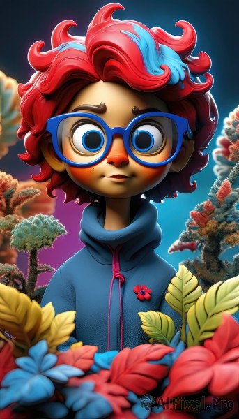 solo,looking at viewer,smile,open mouth,blue eyes,1boy,blue hair,jacket,upper body,flower,male focus,red hair,multicolored hair,outdoors,parted lips,sky,glasses,artist name,dark skin,blurry,two-tone hair,tree,leaf,plant,messy hair,personification,freckles,curly hair,blue-framed eyewear,1girl,short hair,pink hair,lips,goggles,zipper