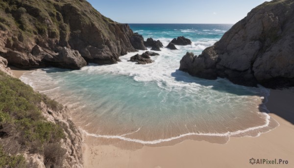 outdoors,sky,day,water,blue sky,no humans,ocean,beach,scenery,rock,sand,horizon,waves,shore,cloud,tree,nature,cliff