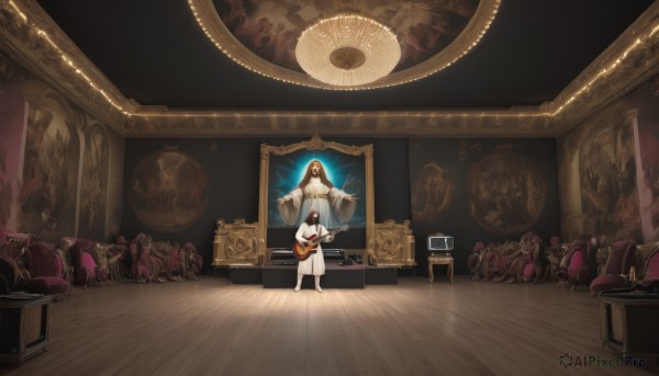 1girl,solo,long hair,looking at viewer,smile,brown hair,black hair,long sleeves,dress,holding,sitting,standing,barefoot,indoors,hood,white dress,fur trim,mask,chair,white footwear,instrument,couch,hood up,robe,wooden floor,music,guitar,wide shot,playing instrument,holding instrument,painting (object),stage,spotlight,6+others,1boy,jewelry,very long hair,closed mouth,male focus,wide sleeves,hands up,sash,glowing,colored skin,outstretched arms,white skin,picture frame,violin,white robe