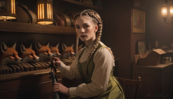 1girl,solo,long hair,looking at viewer,blue eyes,brown hair,shirt,long sleeves,dress,holding,sitting,closed mouth,white shirt,braid,indoors,twin braids,lips,animal,chair,table,instrument,green dress,dog,realistic,nose,lamp,stool,shelf,fox,picture frame,piano,blurry,red lips,painting (object),fine art parody