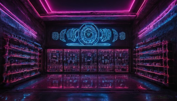 indoors,book,dutch angle,no humans,scenery,science fiction,bookshelf,dark,library,neon lights,signature,glowing,bottle,bar (place),cyberpunk